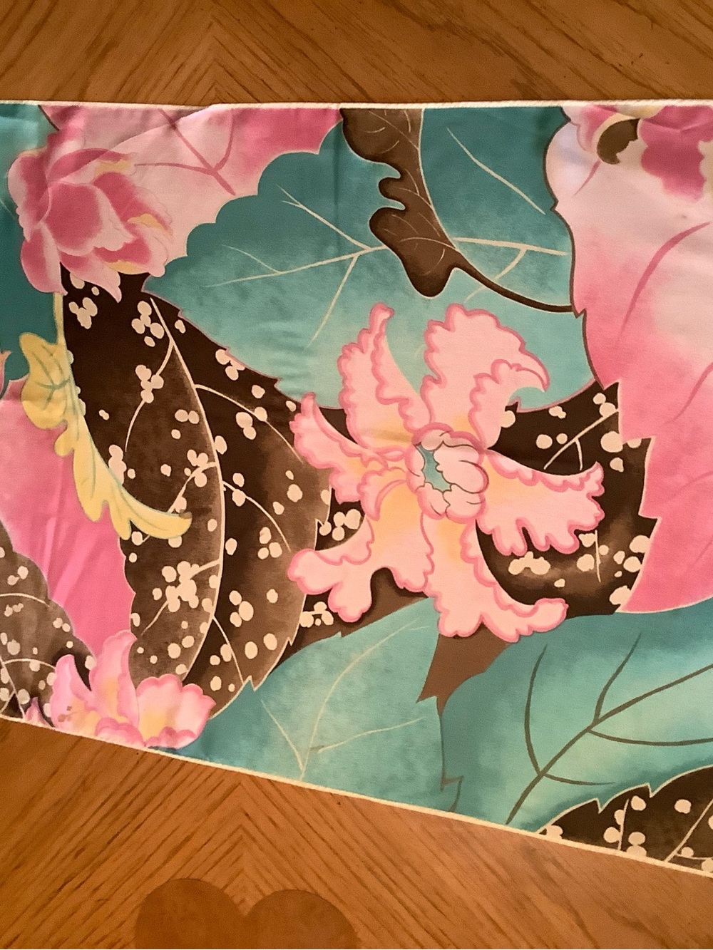 Perry Ellis Floral Silk Scarf in Pink, Turquoise, Brown. 36” x 17.